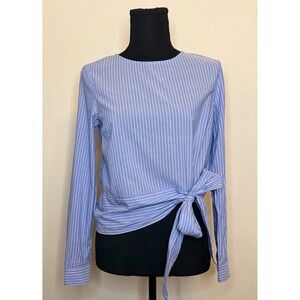 H&M Light Academia Blue & White Pinstriped Long Sleeve Side Tie Blouse Size 2